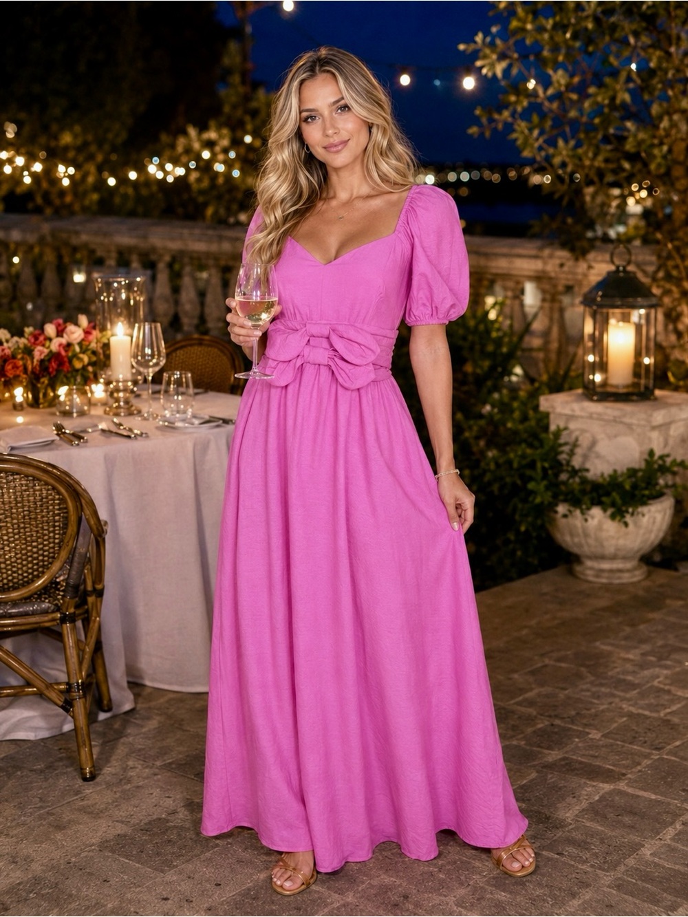 Blu Pepper Pink Bow Maxi Dress Medium Puff Sleeve Cottagecore Coquette Lined